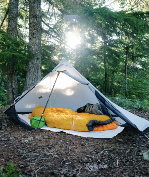 Open Six Moon Designs Deschutes Plus at a morning campsite