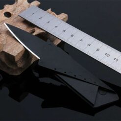Open view of knife next to ruler showing the 142mm open length