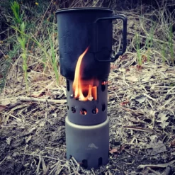 TOAKS Titanium 750ml Pot with Titanium Stove cooking at an outside campsite