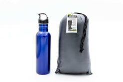 Stratum 55 Top Quilt in sack next to water bottle illustrating stowed size.